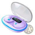 Wireless sleeping earbuds bluetooth 5.3 mini headphones in purple with blue accent lights and digital display charging case