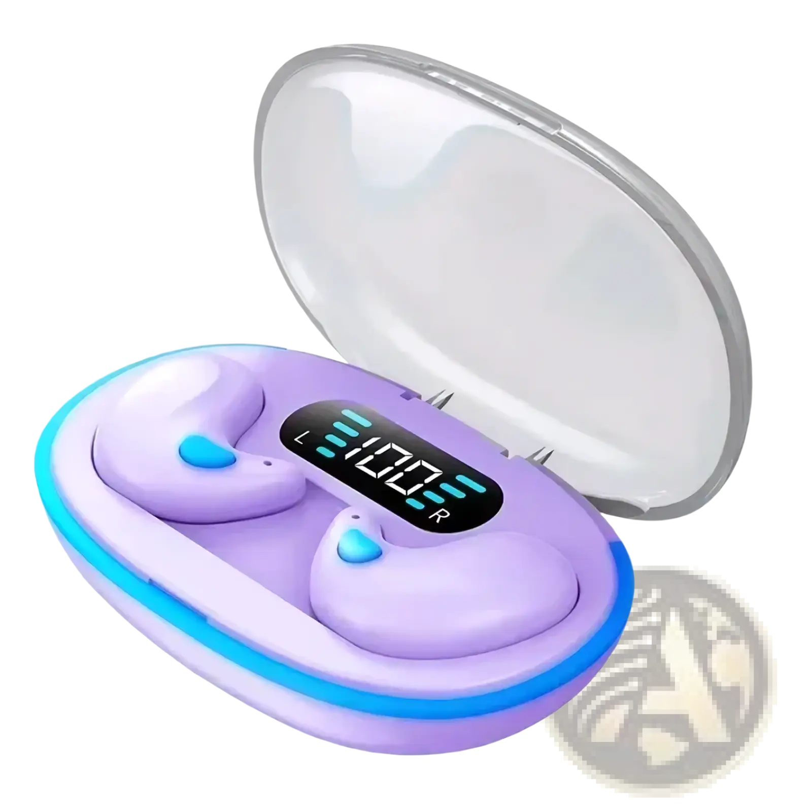 Wireless sleeping earbuds bluetooth 5.3 mini headphones in purple with blue accent lights and digital display charging case