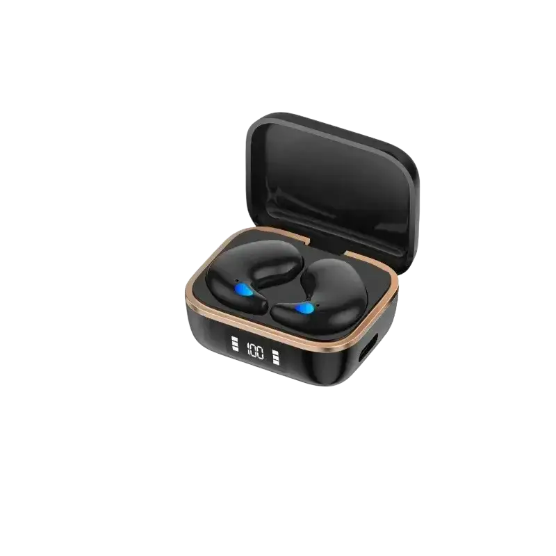 Black wireless sleeping earbuds with blue accent lights rest in a glossy black charging case with gold trim and battery indicator