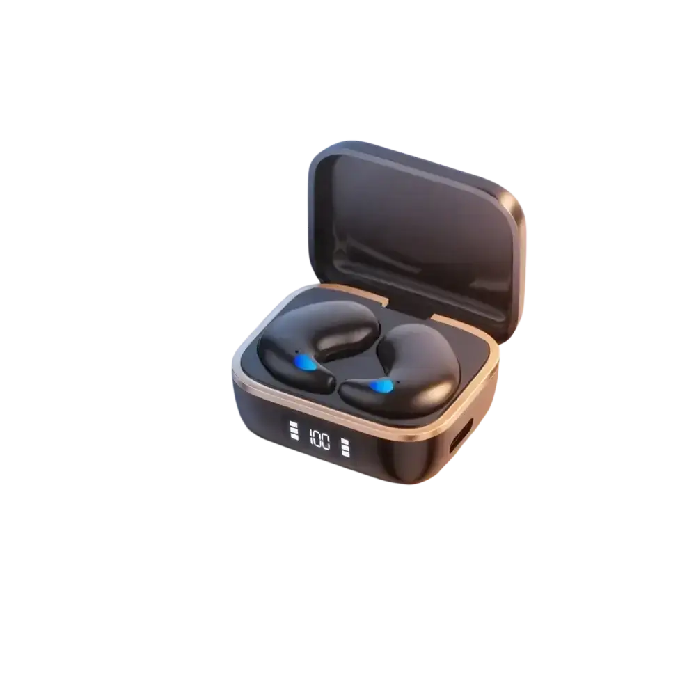 Black wireless sleeping earbuds with blue accent lights in gold-trimmed charging case displaying 100 battery level