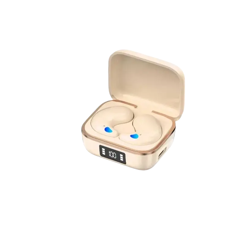 Cream-colored wireless sleeping earbuds in a matching charging case with rose gold trim and 100 percent display