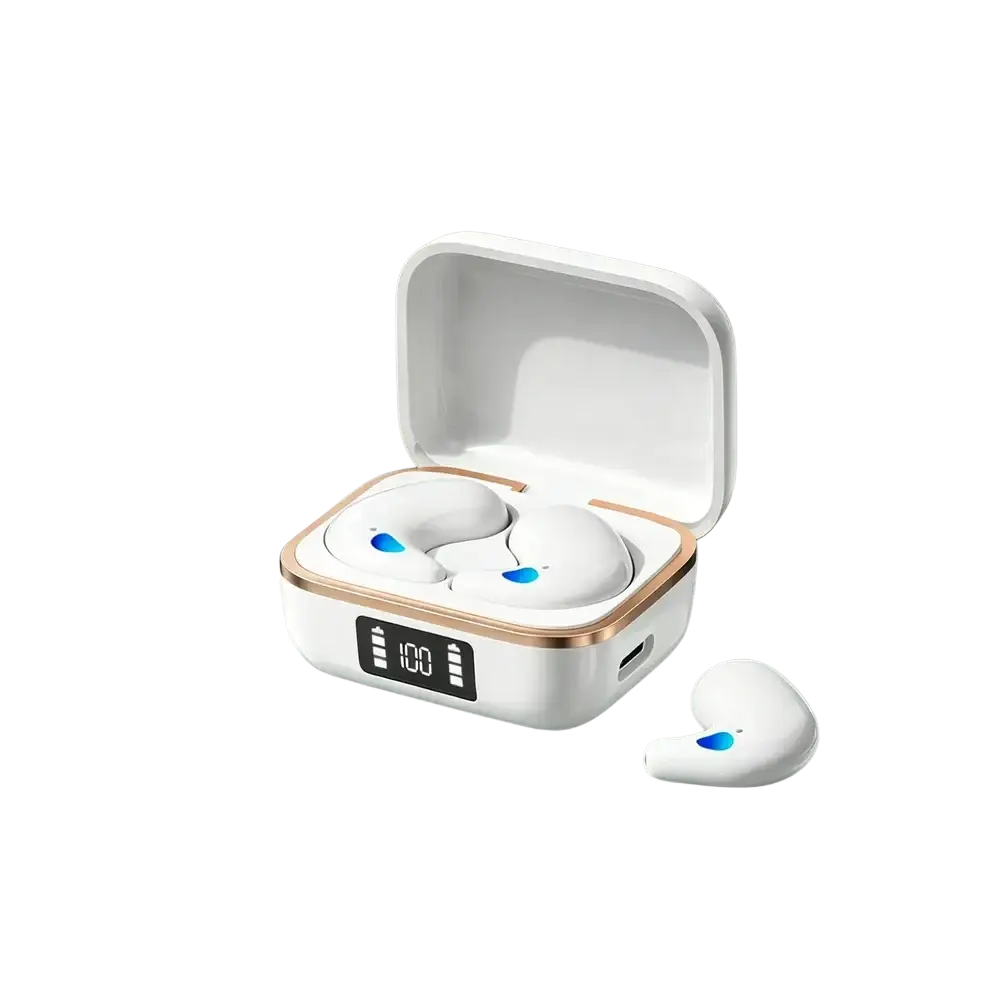 White wireless sleeping earbuds with rose gold accents and blue led indicators in charging case showing 100% battery