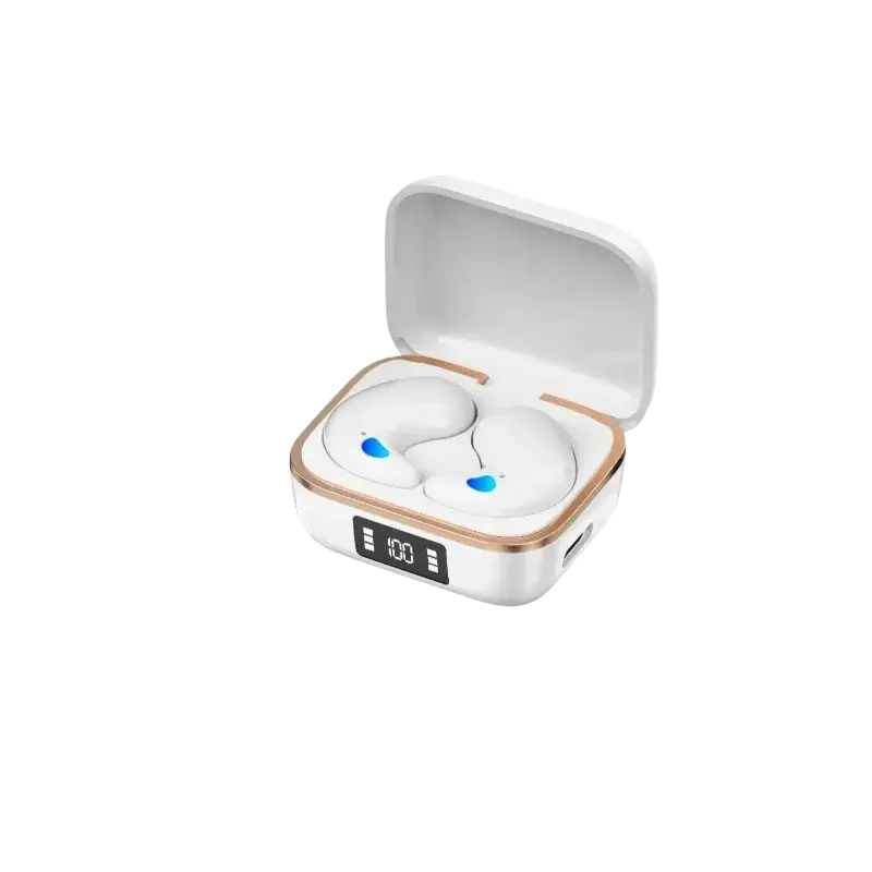 White wireless sleeping earbuds with rose gold accents in a matching charging case showing 100 percent battery level