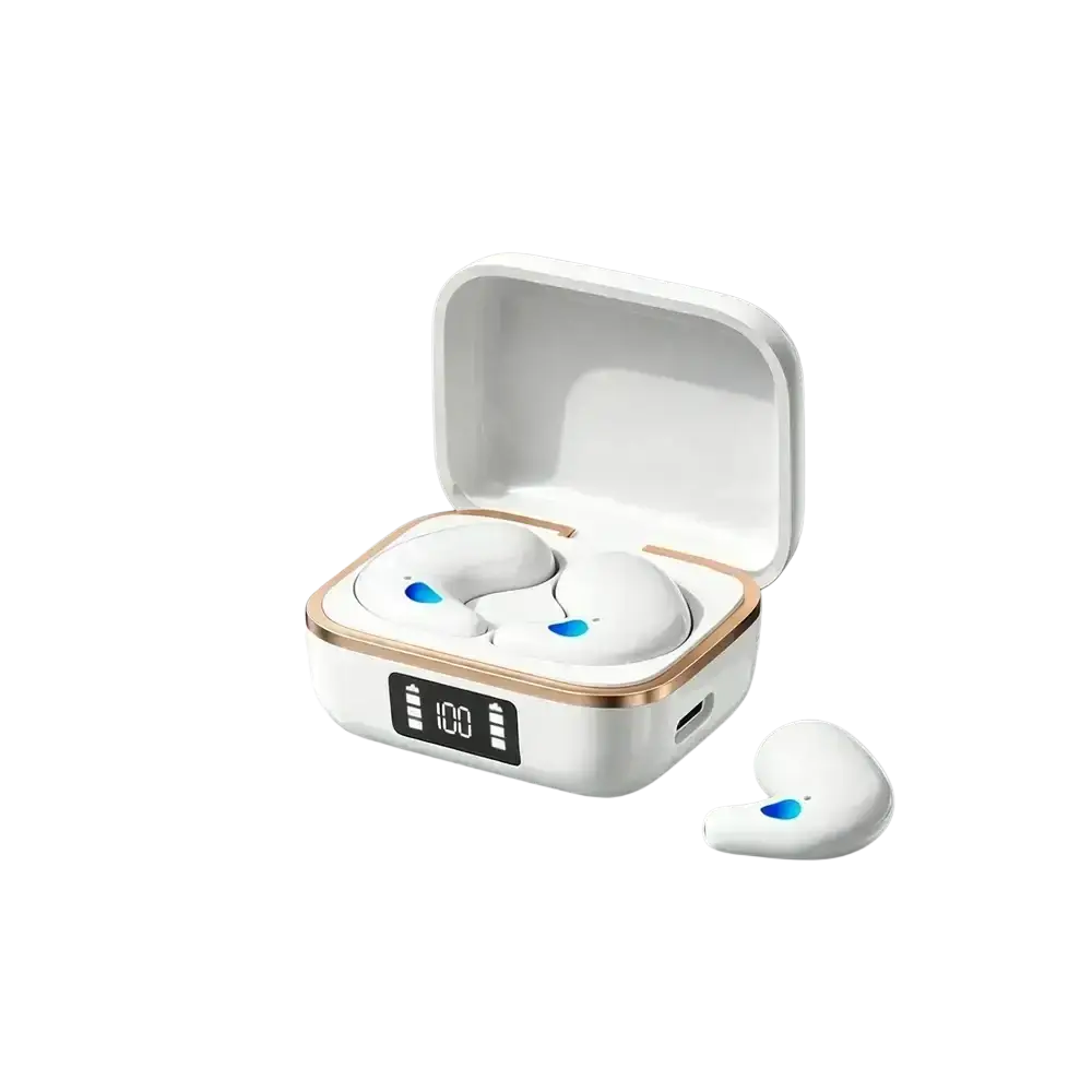 White wireless sleeping earbuds with gold trim and blue led indicators in a charging case showing 100% battery