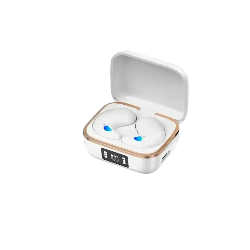 White wireless sleeping earbuds with rose gold accents inside a charging case with digital display for wireless sleeping