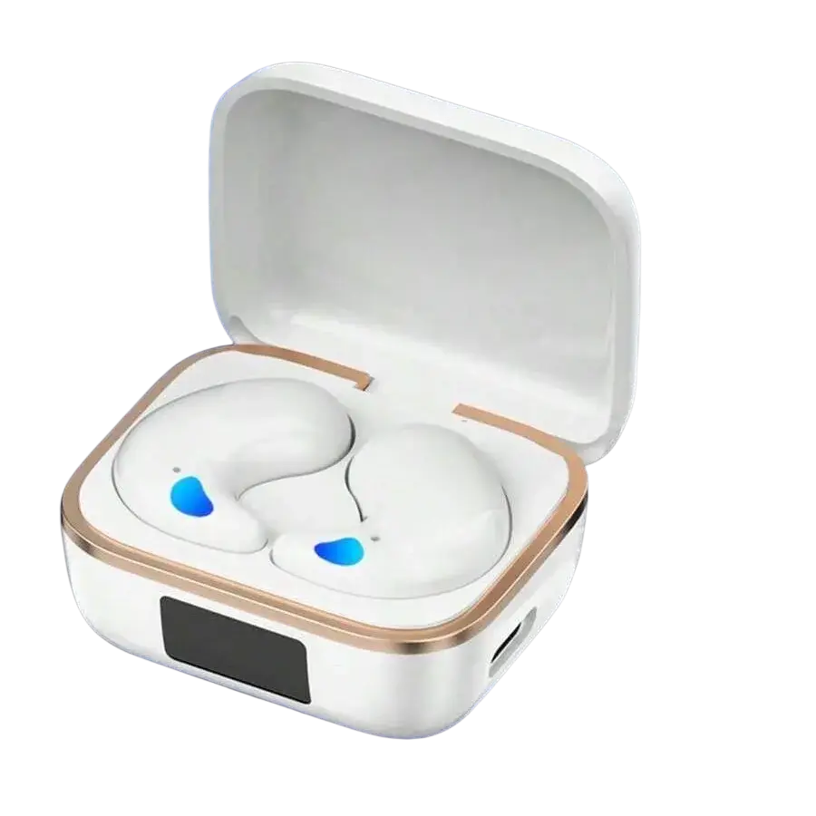 White wireless sleeping earbuds with blue accents in a sleek white charging case with gold trim for overnight use