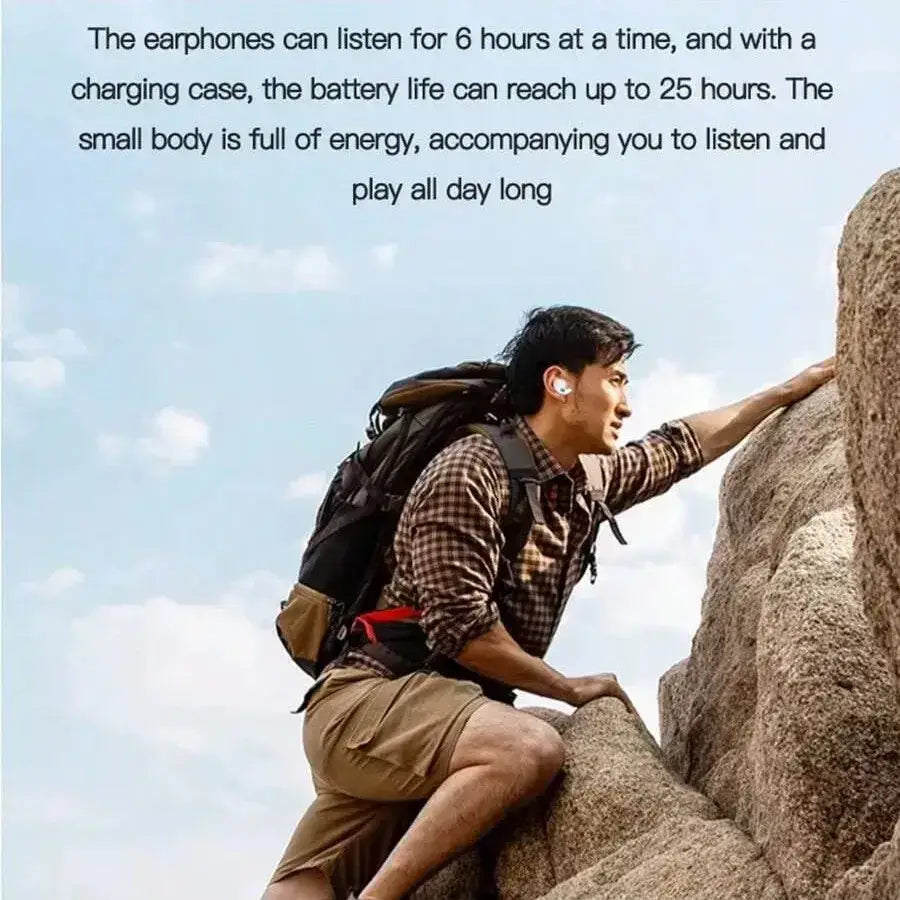 White wireless sleeping earbuds with charging case worn by a man climbing outdoors showcasing sleek compact design