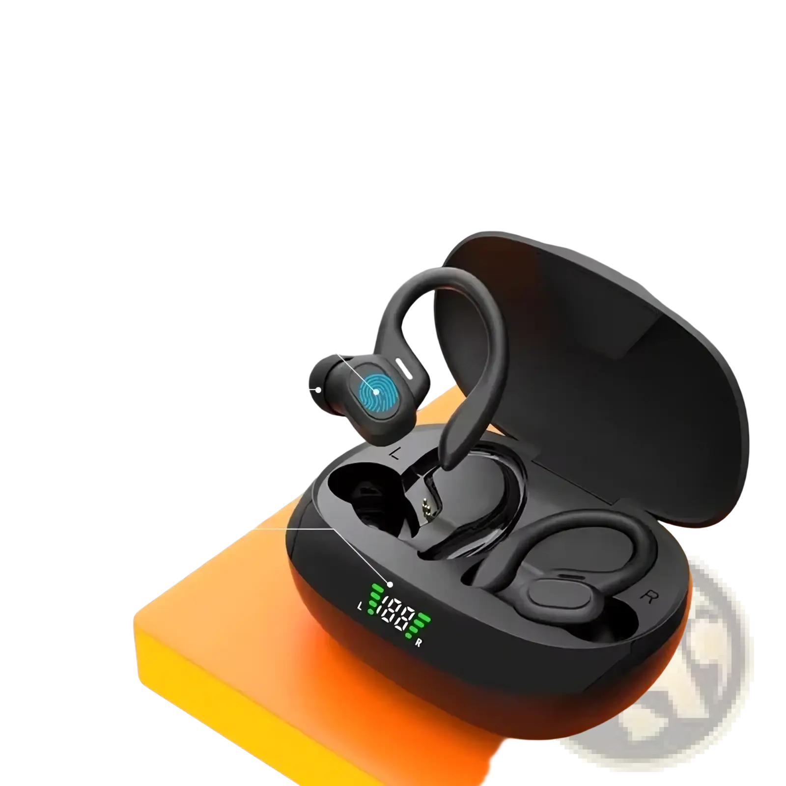 Black wireless sport ear hook earbuds with silicone ear hooks and led power display on charging case