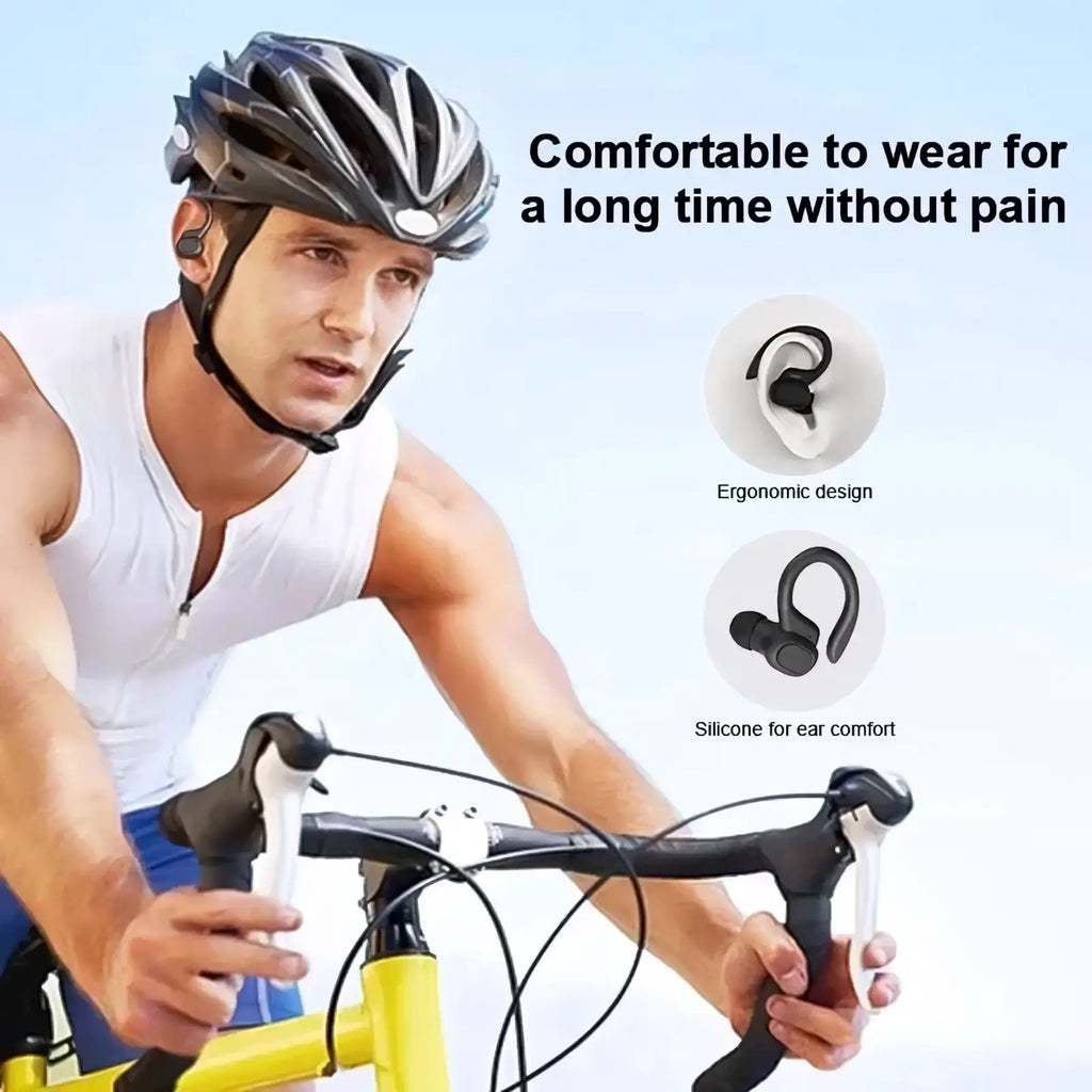 Black ergonomic wireless sport ear hook earbuds with silicone tips for comfort and waterproof bluetooth connectivity