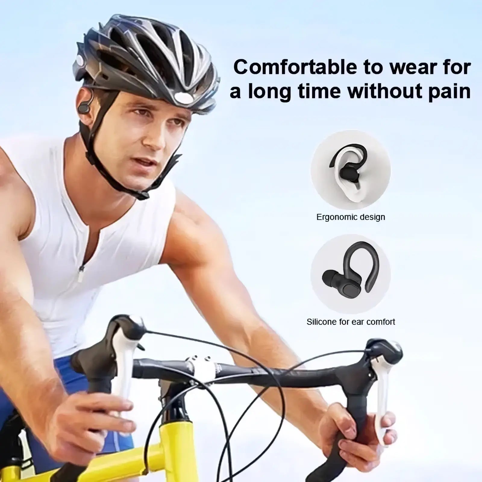 Black ergonomic wireless sport ear hook earbuds with silicone tips for comfort and waterproof bluetooth connectivity