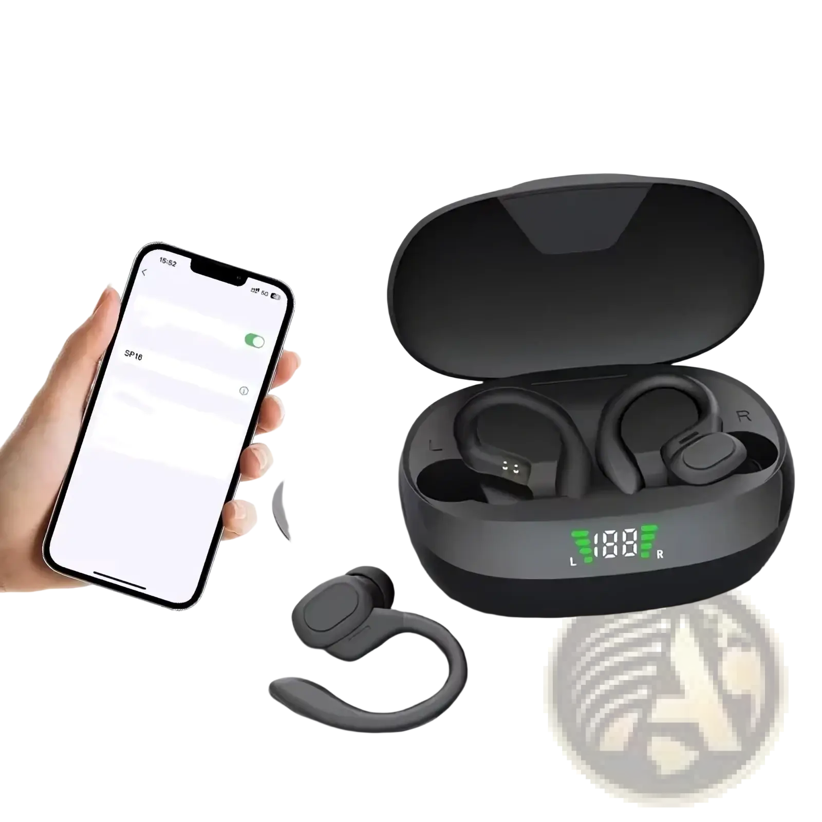 Black wireless sport ear hook earbuds with ergonomic design and charging case showing battery levels for Bluetooth use