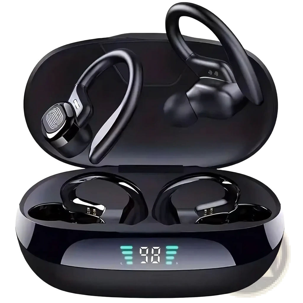 Black wireless sport ear hook earbuds with ergonomic design in a matching charging case featuring digital display