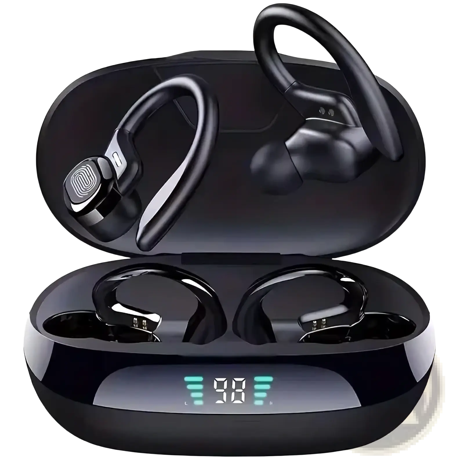 Black wireless sport ear hook earbuds with ergonomic design in a matching charging case featuring digital display