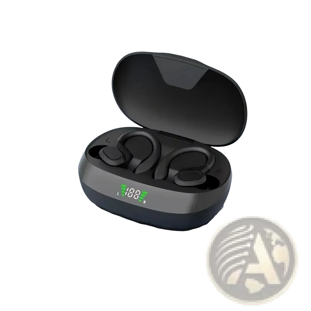 Black wireless sport ear hook earbuds with a sleek glossy finish and oval charging case with green led indicators