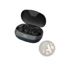 Black wireless sport ear hook earbuds with a sleek glossy finish and oval charging case with green led indicators