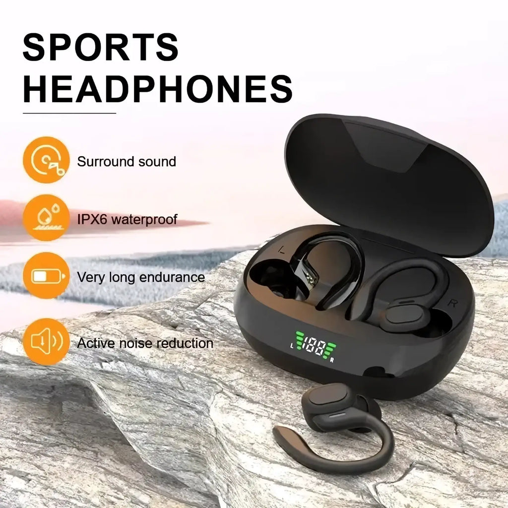 Black wireless sport ear hook earbuds with waterproof ipx6 charging case and sleek ergonomic design