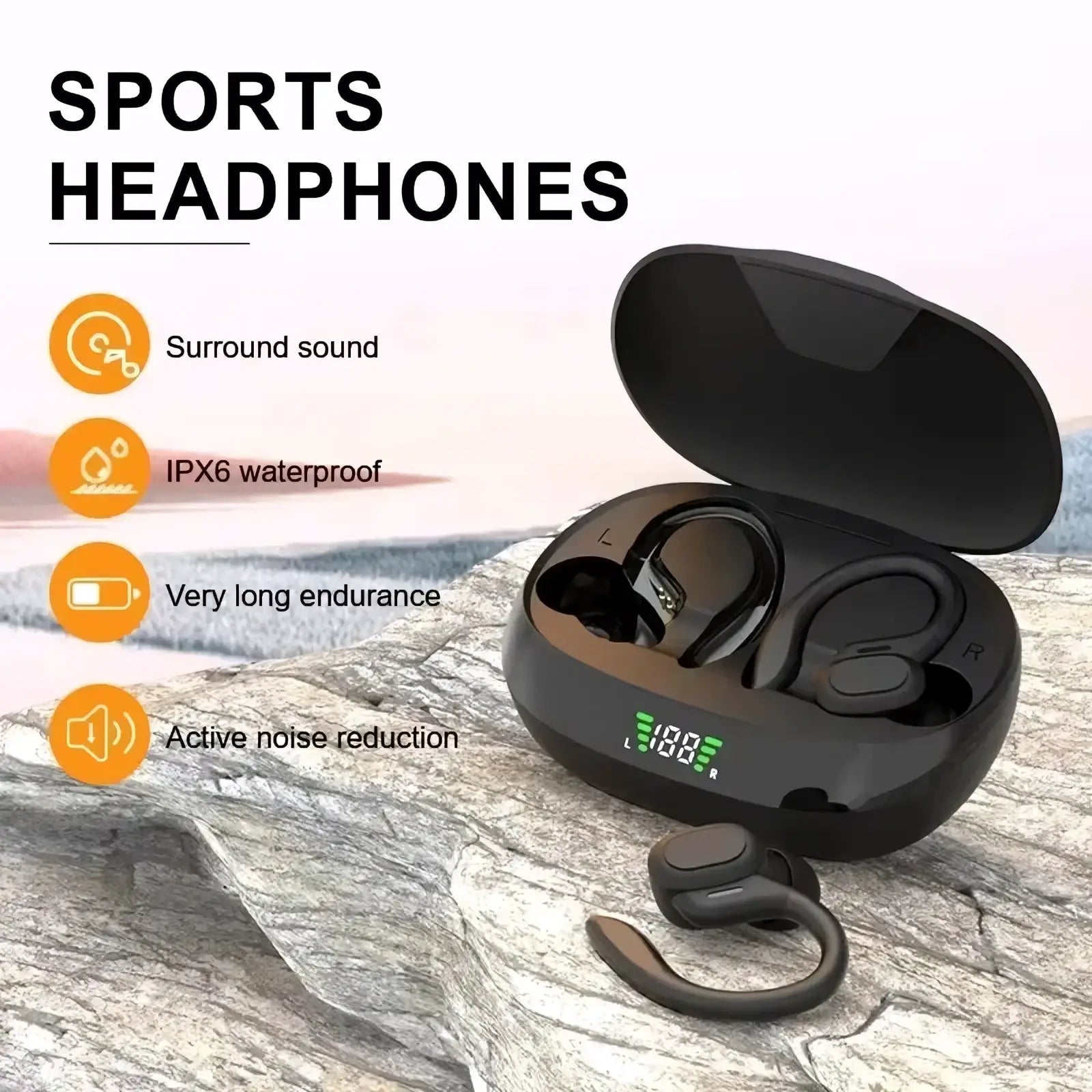 Black wireless sport ear hook earbuds with waterproof ipx6 charging case and sleek ergonomic design