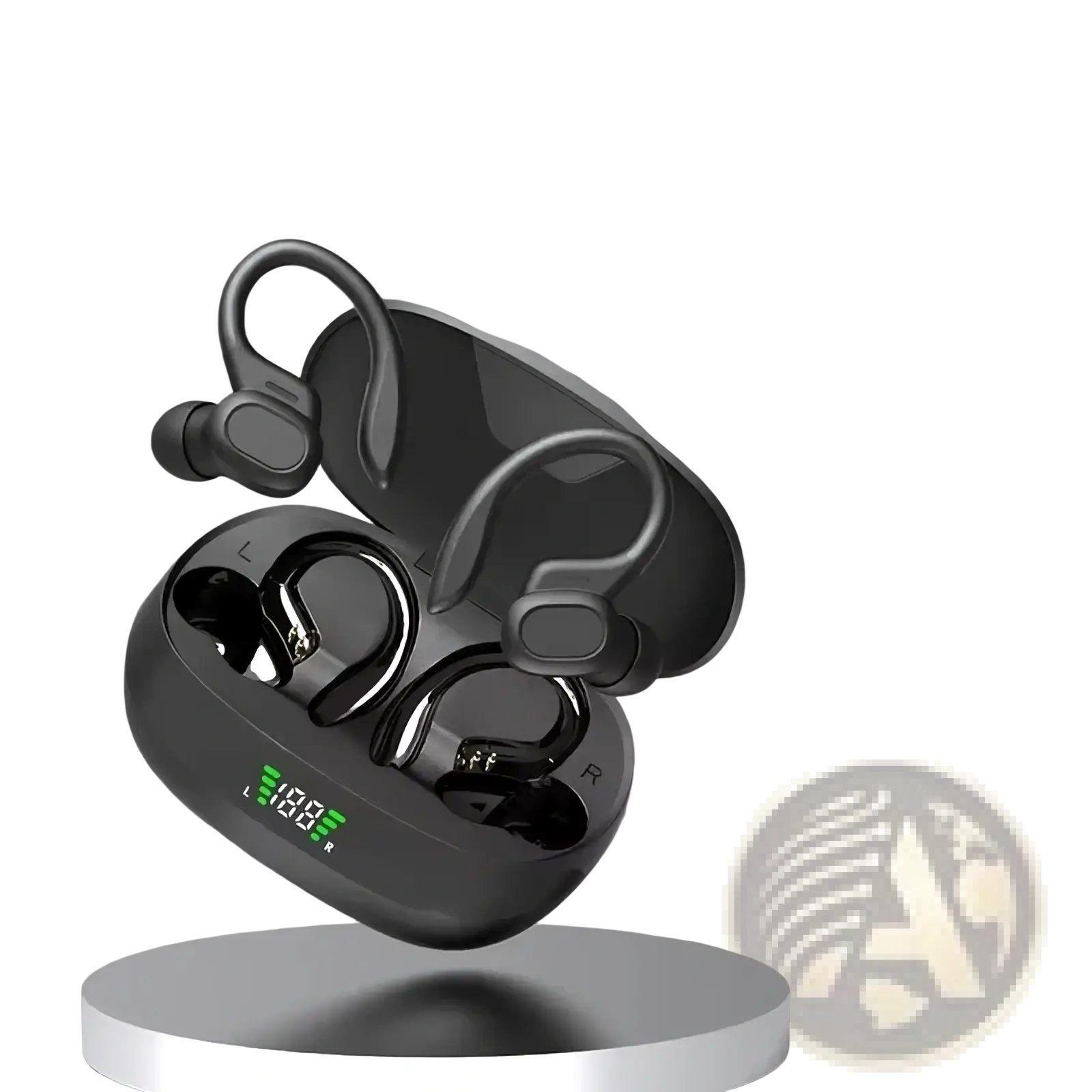 Black wireless sport ear hook earbuds with waterproof Bluetooth design in sleek charging case with green digital readout