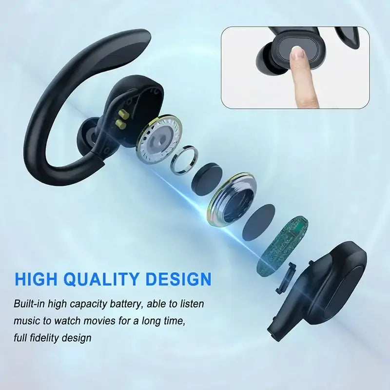 Black wireless sport earbuds with ergonomic design and visible high-capacity battery showcasing hifi stereo sound