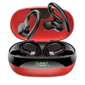 Black wireless sport earbuds with hook design rest in glossy red and black case showing battery levels for hifi stereo sound