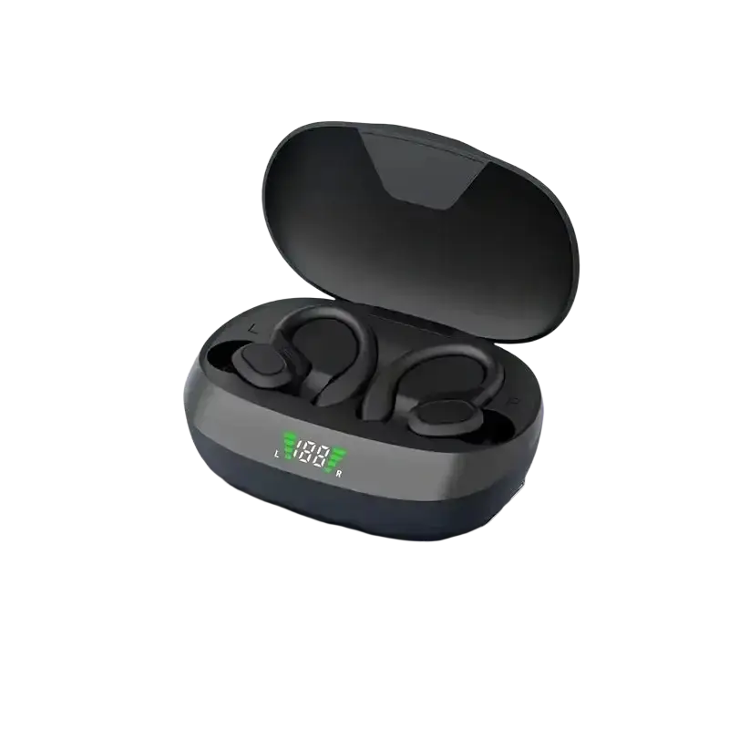 Black wireless sport earbuds with vocalism principle nestled in a matte charging case featuring stereo sound display