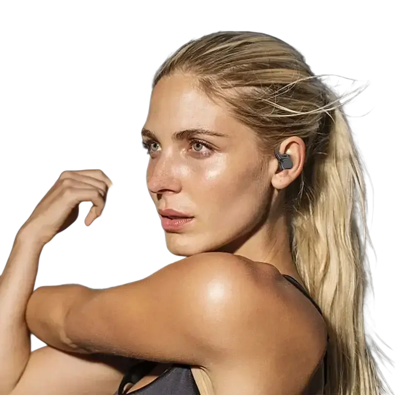 Black wireless sport earbuds with sleek design featuring vocalism principle for hiFi stereo sound performance