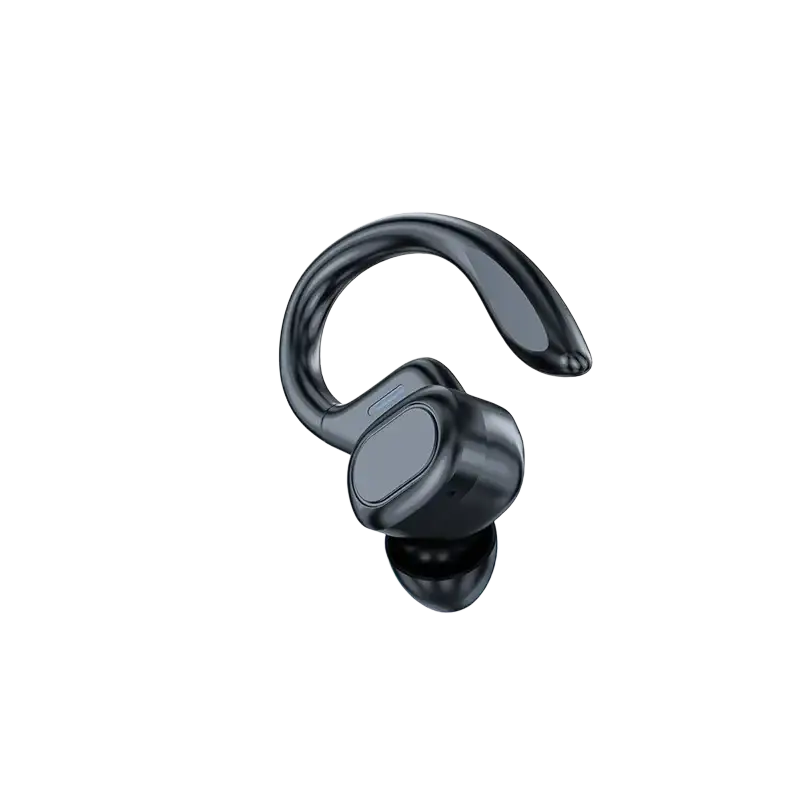 Black wireless sport earbuds with hook-style design offering secure fit and hifi stereo sound using vocalism principle