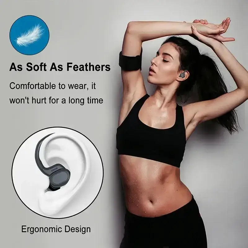 Black wireless sport earbuds with ergonomic feather-soft design delivering hi-fi stereo sound using vocalism principle