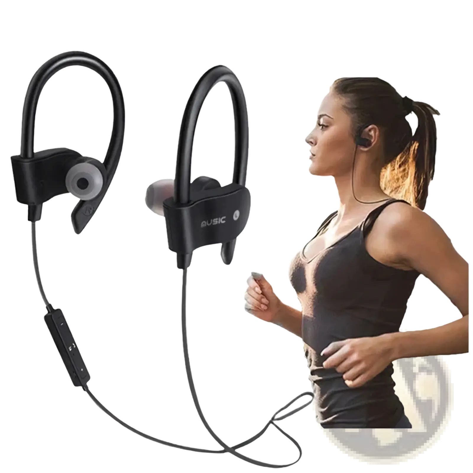 Black wireless sport earhooks bluetooth headphones with ergonomic design and flexible hook for secure fit during exercise