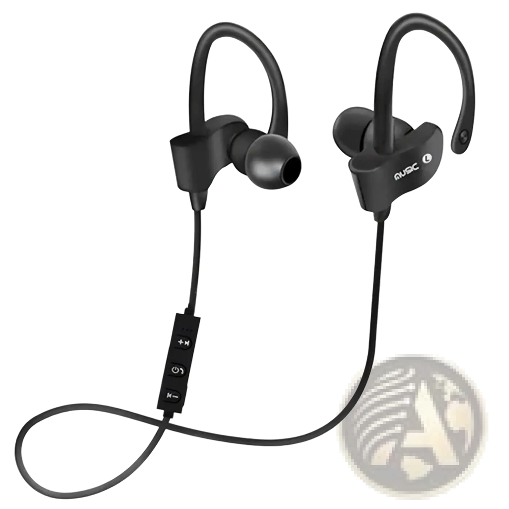 Black wireless sport earhooks bluetooth headphones with hook-style in-ear design and central control module