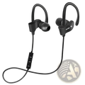 Black wireless sport earhooks bluetooth headphones with hook-style in-ear design and central control module
