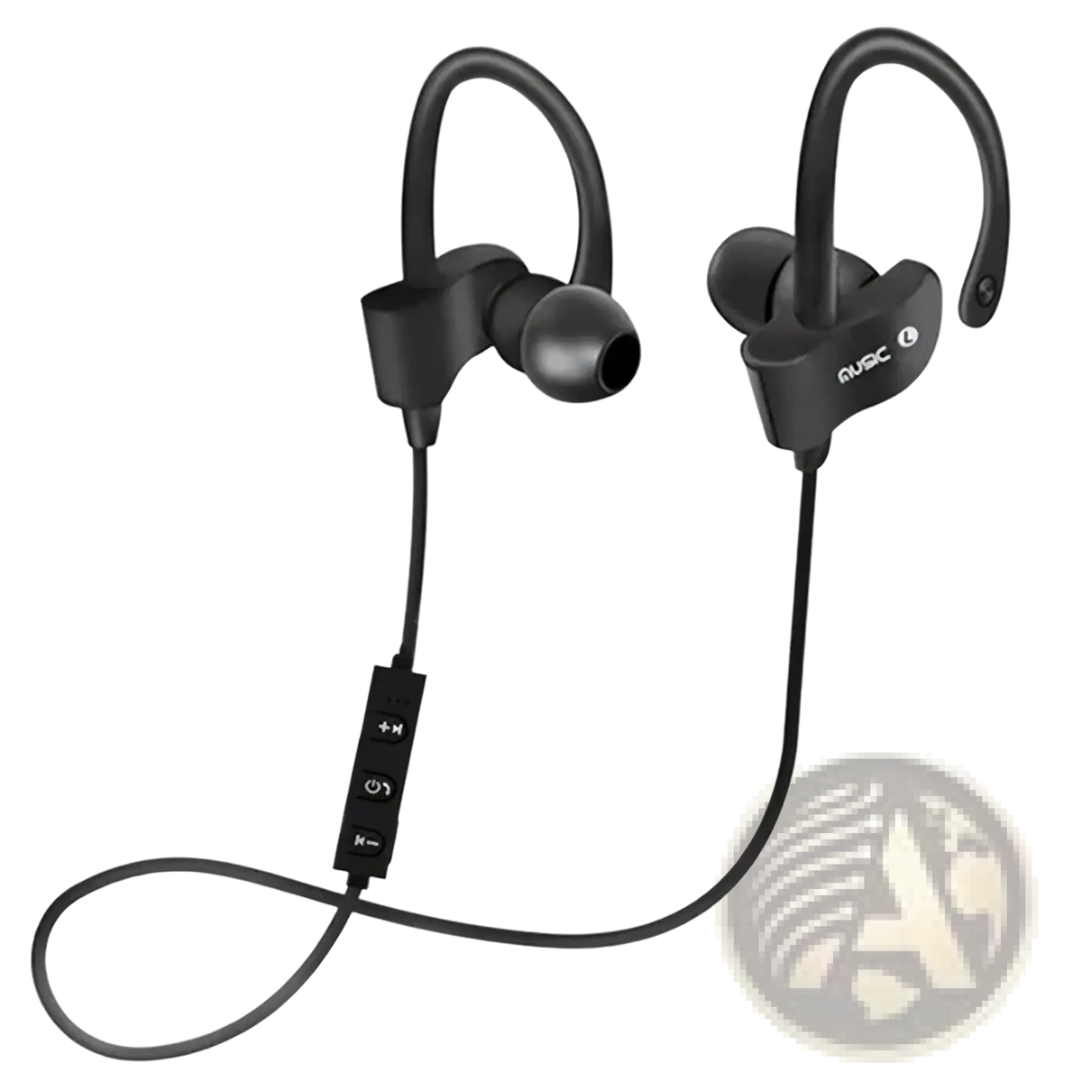 Black wireless sport earhooks bluetooth headphones with hook-style in-ear design and central control module