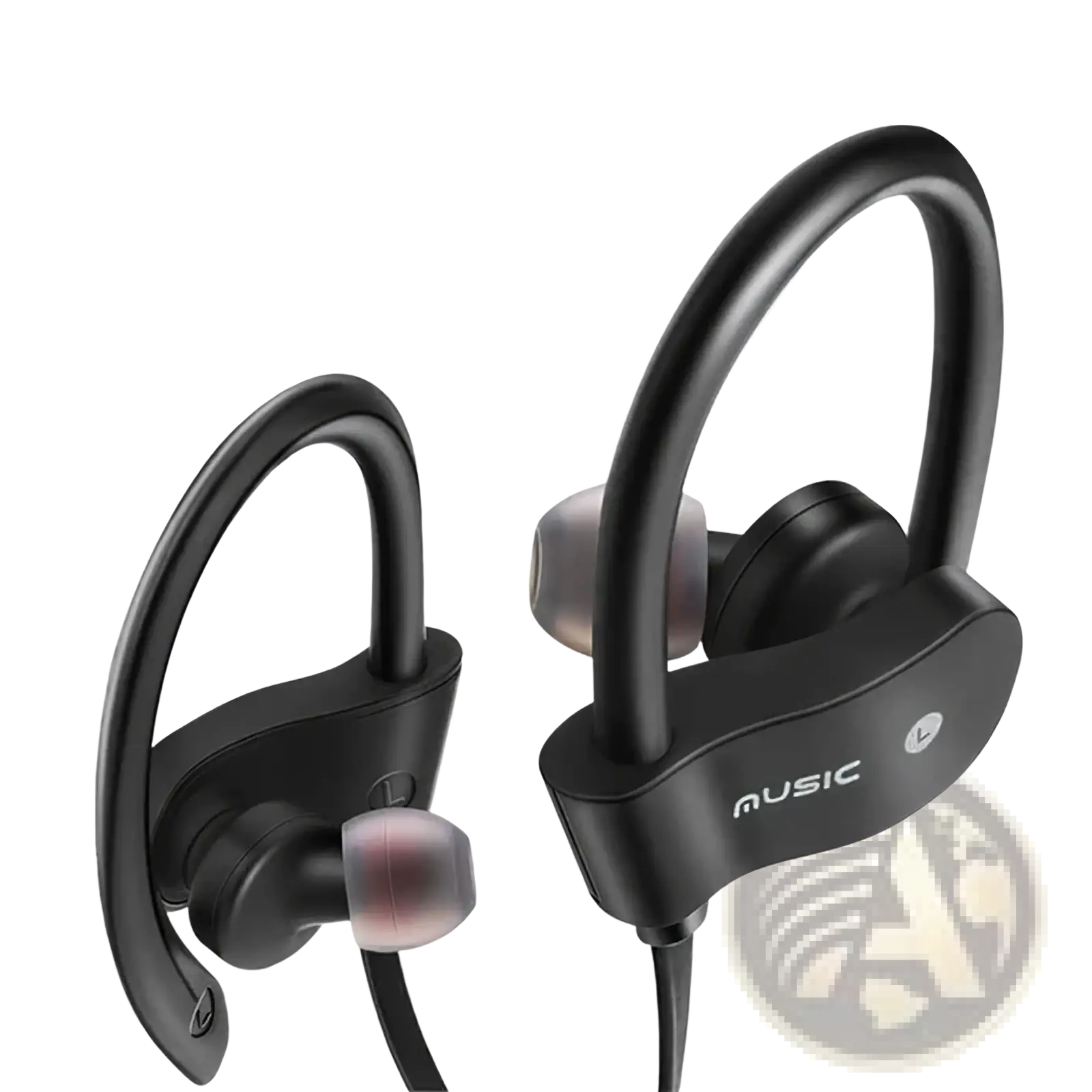 Black wireless sport earhooks bluetooth headphones with silver ear tips and secure in-ear hook design for active use