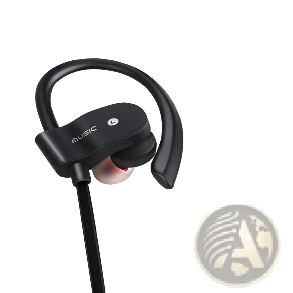 Black wireless sport earhook Bluetooth headphone with music branding on the outer shell for secure fit and active use