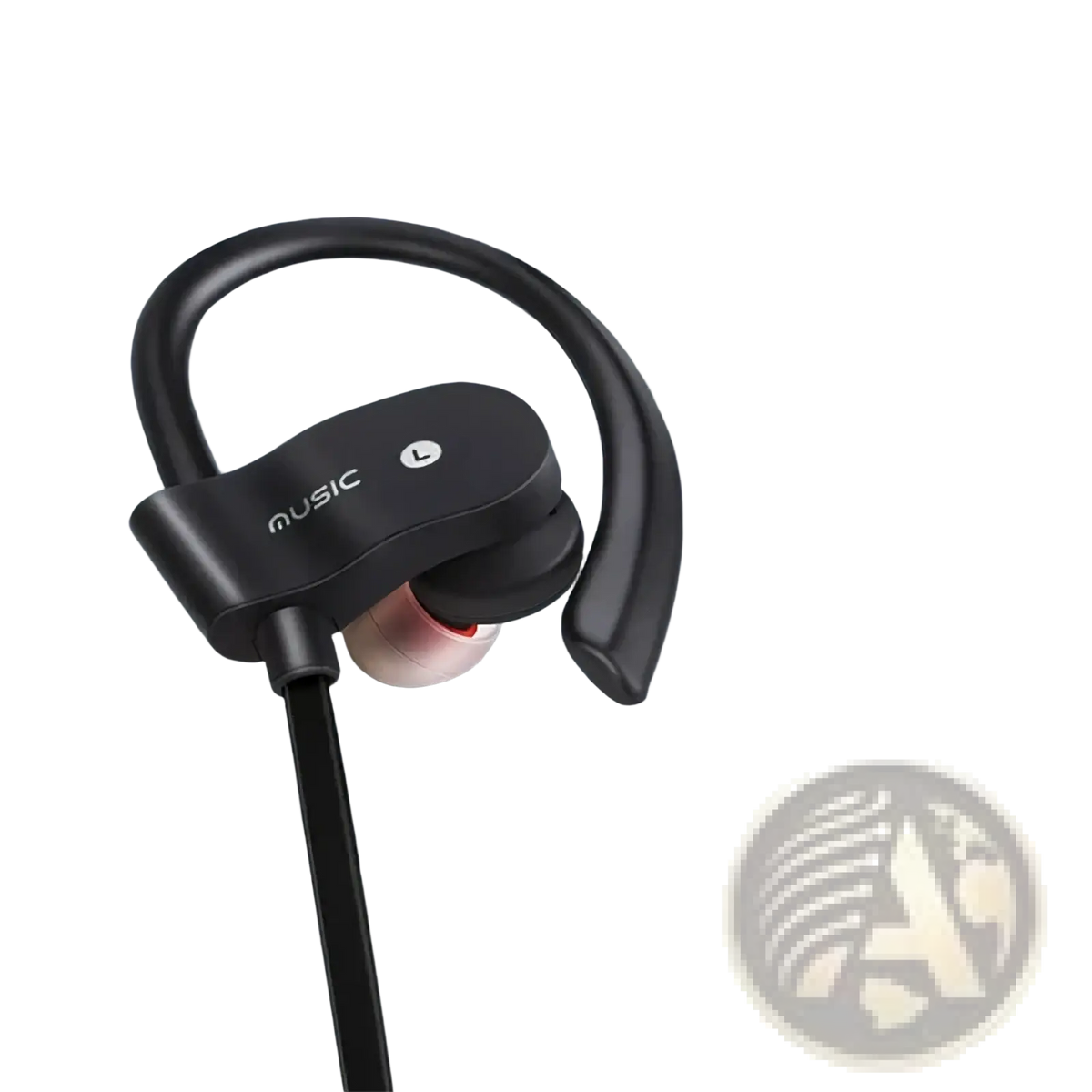 Black wireless sport earhook Bluetooth headphone with music branding on the outer shell for secure fit and active use