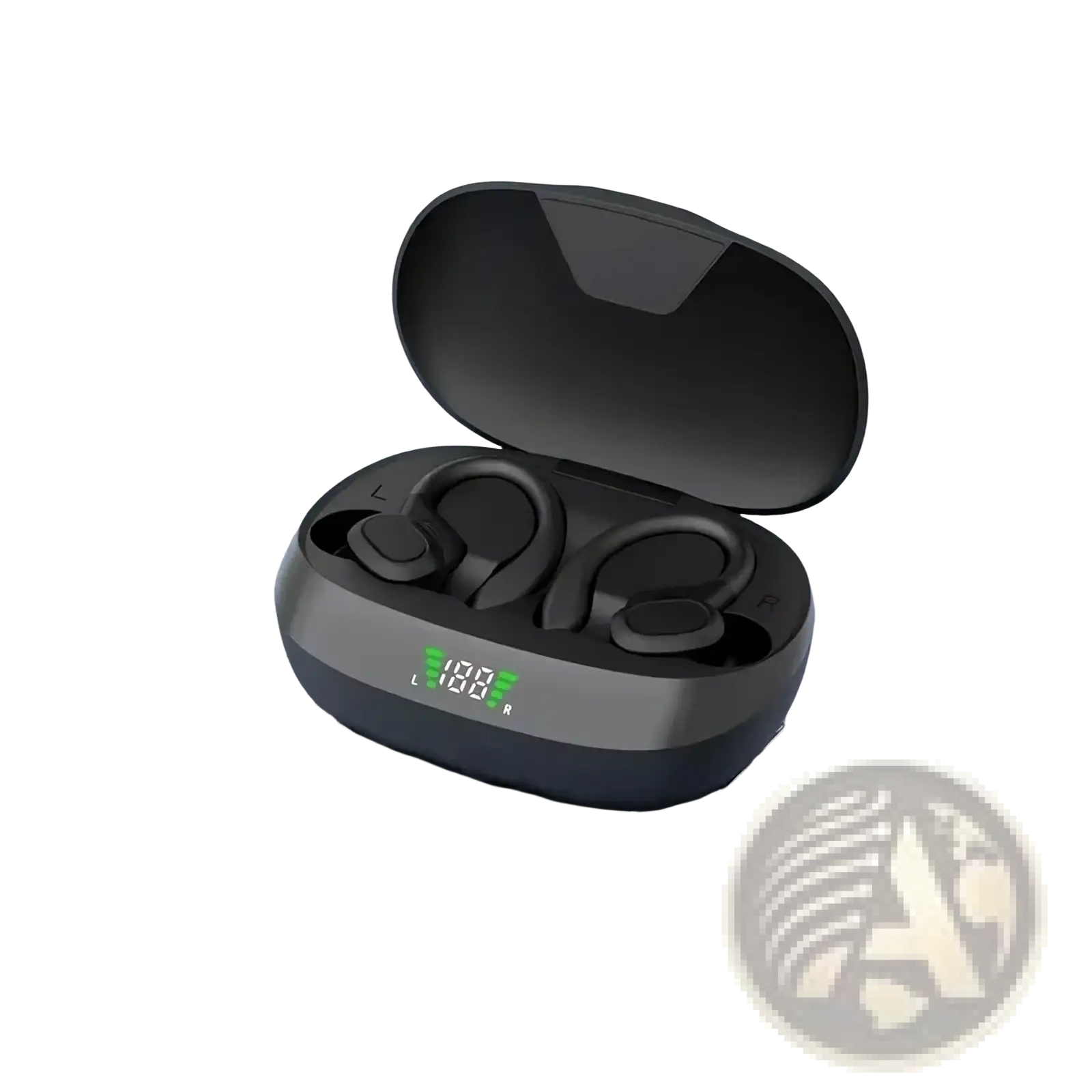 Black wireless sports ear hook earbuds with waterproof bluetooth headset in an oval charging case with green led indicators
