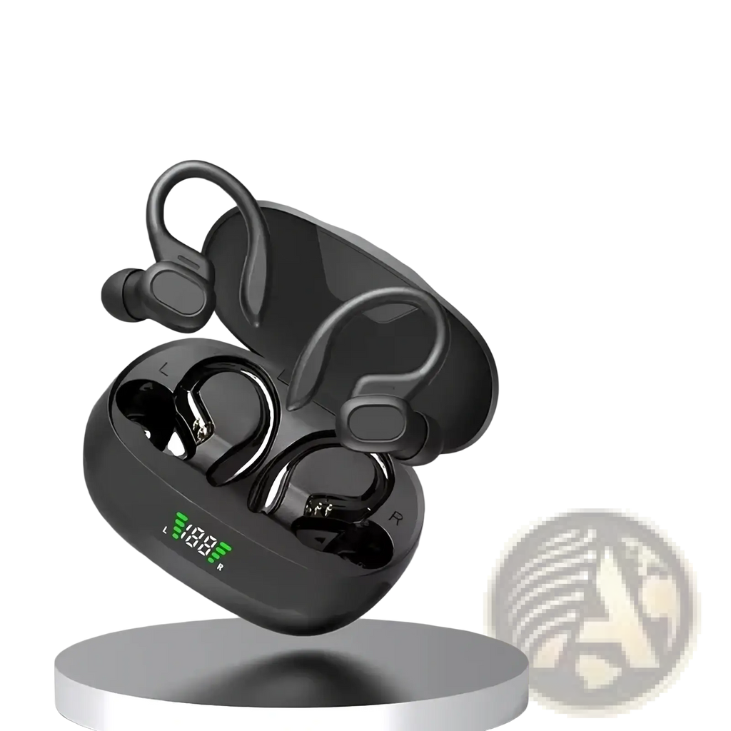 Black wireless sports ear hook earbuds with waterproof bluetooth headset in charging case with green digital readout