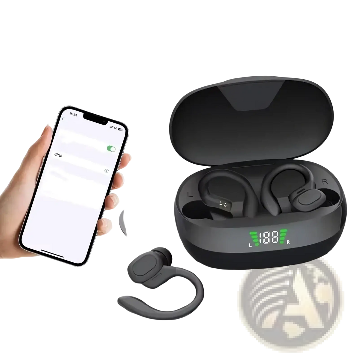 Black wireless sports ear hook earbuds with ergonomic design and charging case showing battery levels
