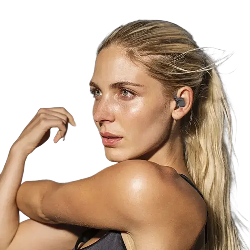 Black wireless sports earphones with earhooks featuring a sleek minimalist design for active use