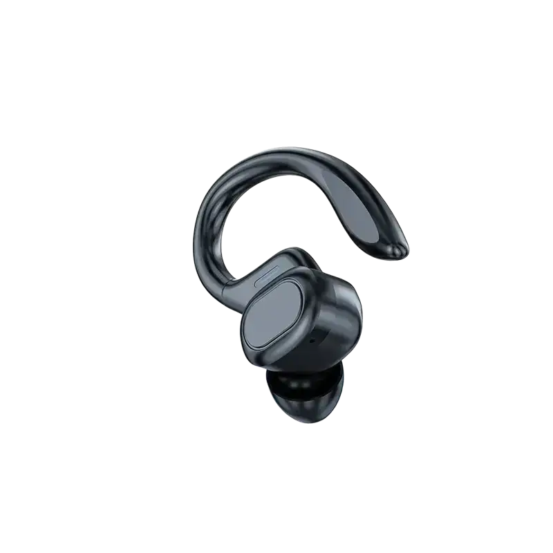 Black wireless sports earphones with sleek curved earhooks for secure fit during active sports use