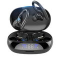 Black wireless sports earphones with earhooks resting inside a glossy charging case with digital battery display