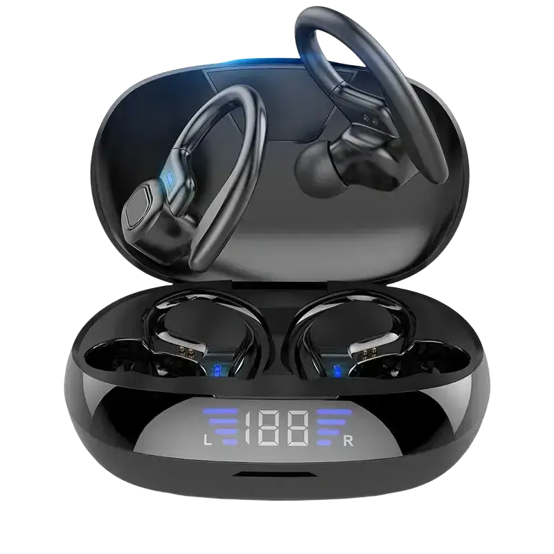 Black wireless sports earphones with earhooks and glossy finish in a charging case with digital display