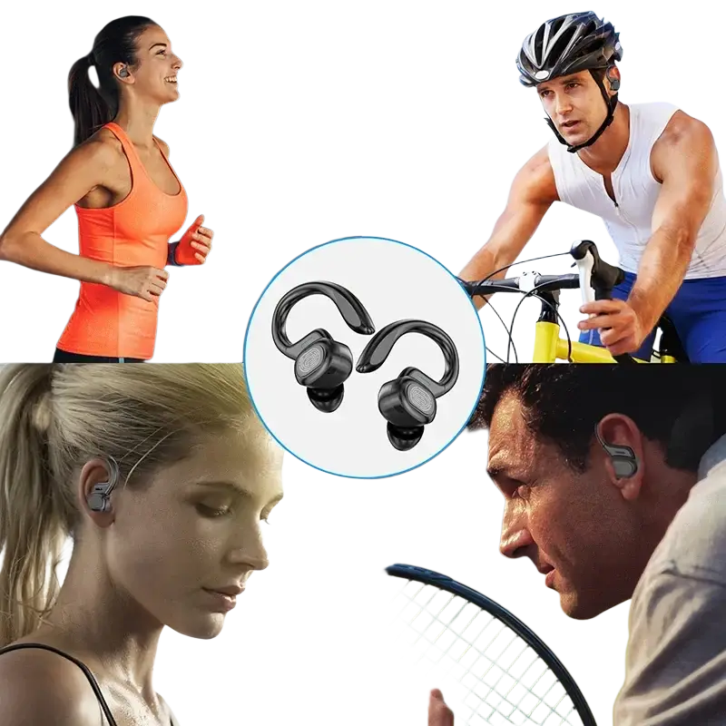 Black wireless sports earphones with in-ear sleek design and earhooks for secure fit during physical activities