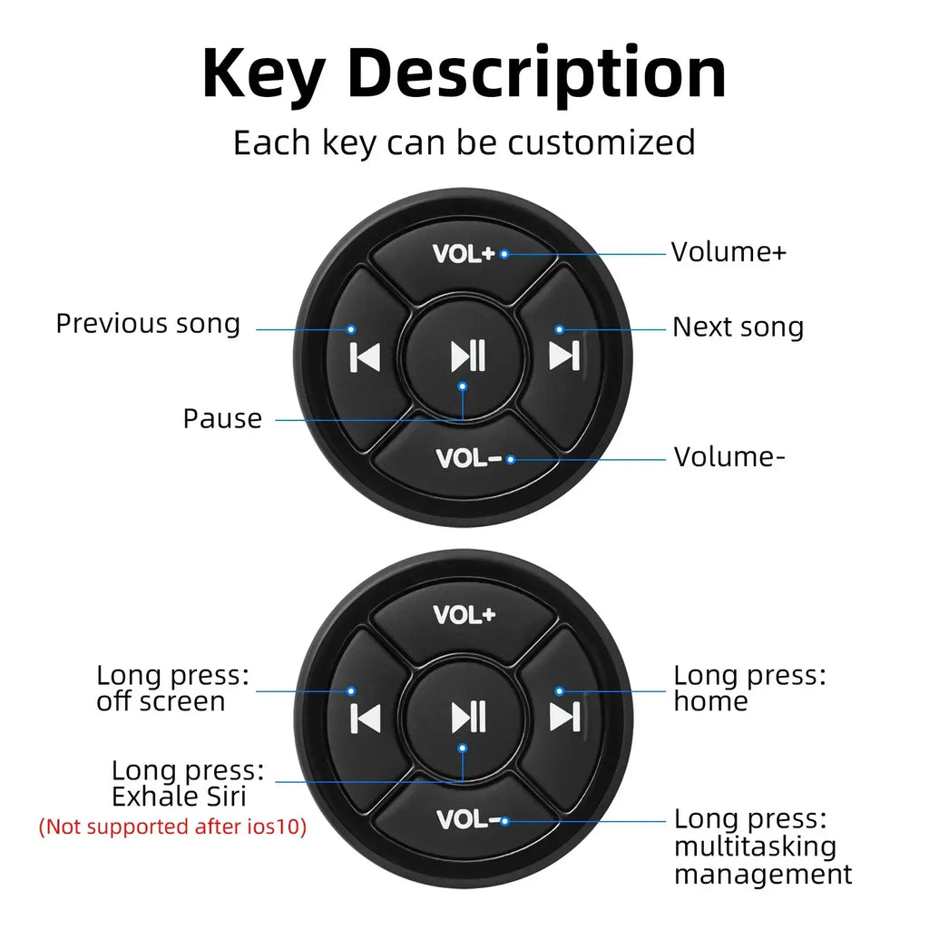 Black circular wireless steering wheel bluetooth media remote control with tactile volume play pause and skip buttons