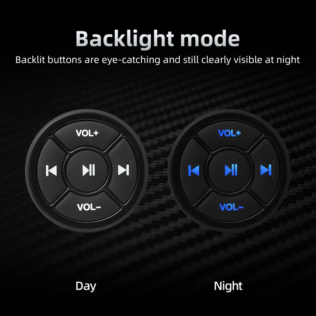 Black circular car audio control buttons with blue backlit illumination for wireless steering wheel bluetooth media remote control