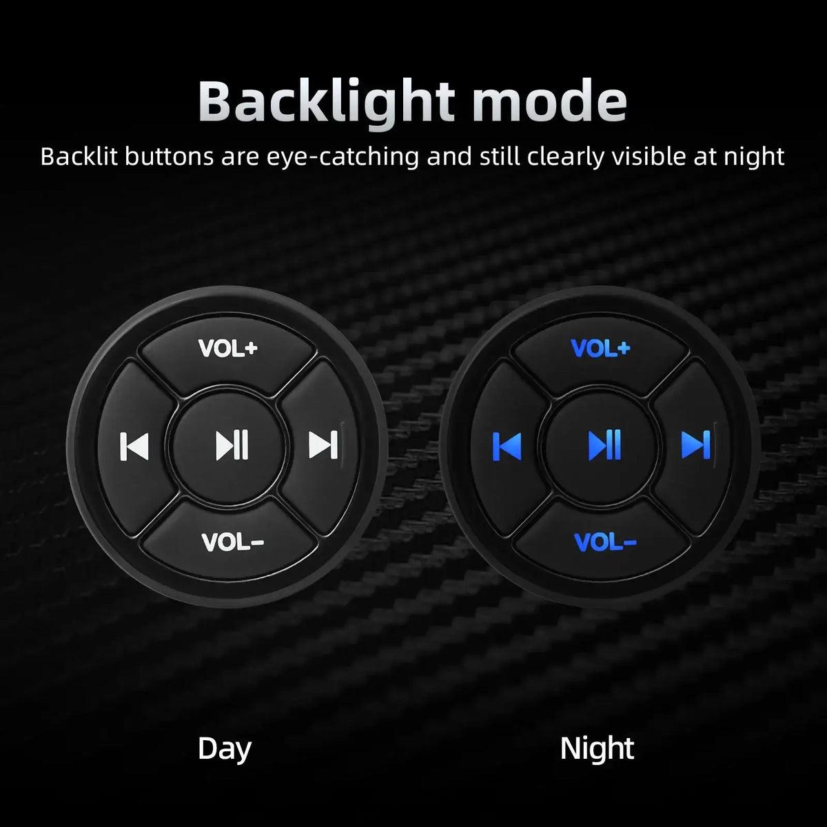 Black circular car audio control buttons with blue backlit illumination for wireless steering wheel bluetooth media remote control