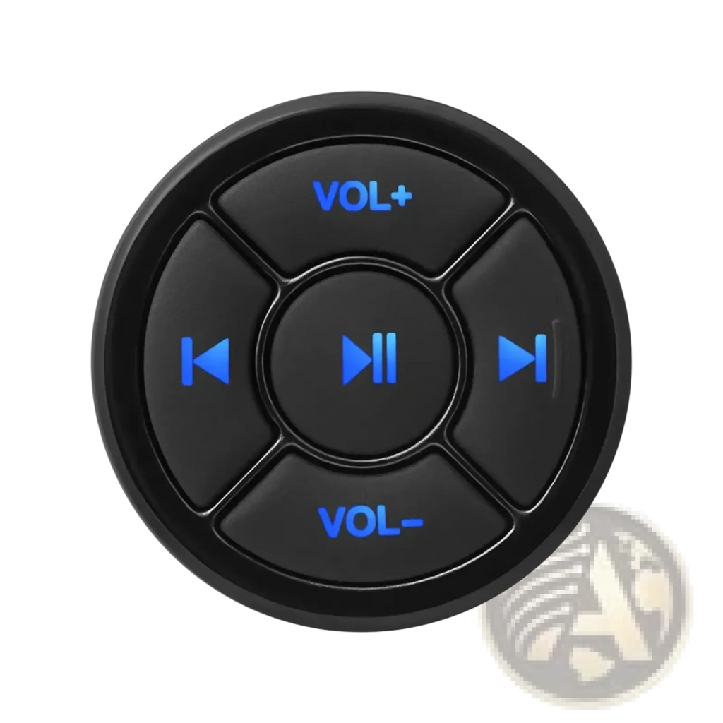 Black circular wireless steering wheel bluetooth media remote control with blue illuminated buttons for audio navigation