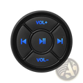 Black circular wireless steering wheel bluetooth media remote control with blue illuminated buttons for audio navigation