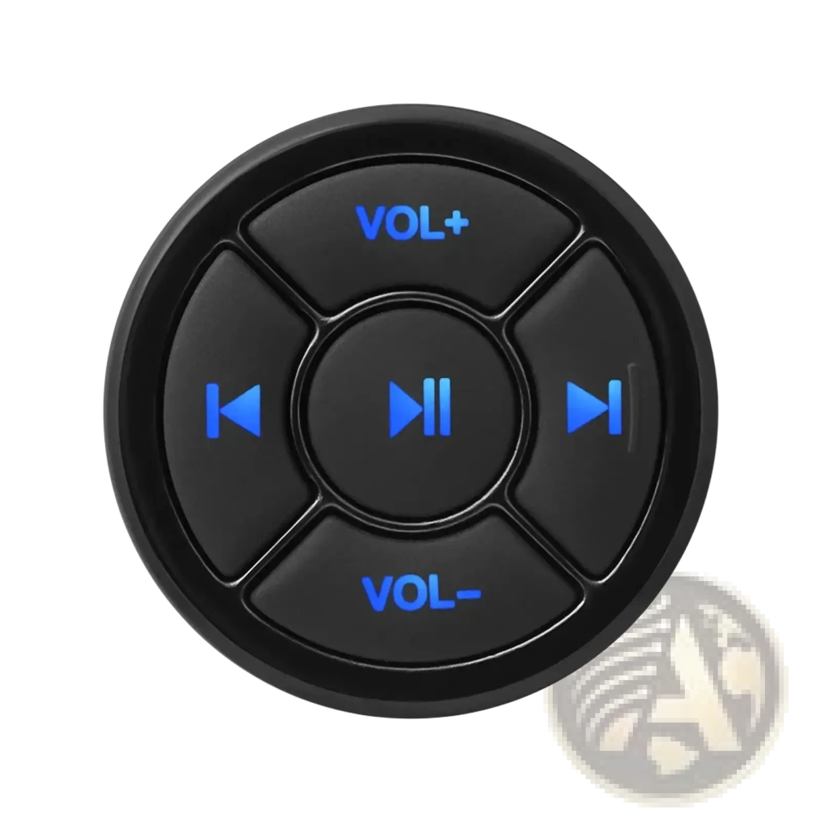 Black circular wireless steering wheel bluetooth media remote control with blue illuminated buttons for audio navigation
