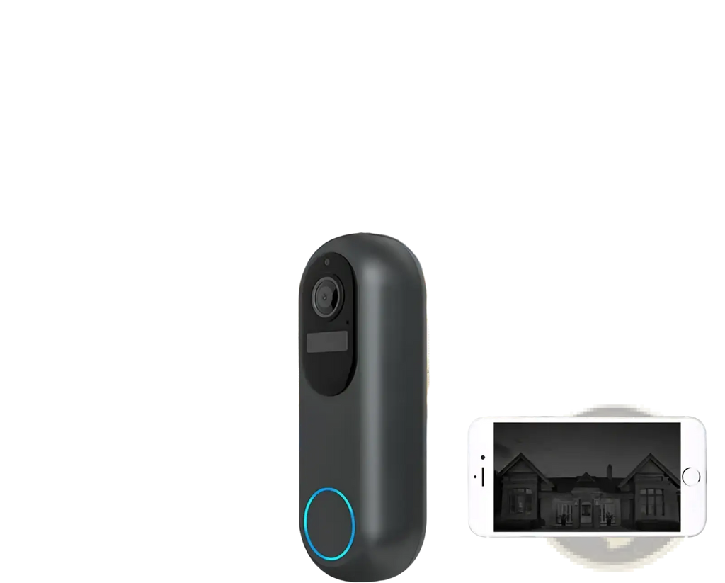 Black cylindrical wireless video doorbell camera 1080p dual wifi with circular blue light and top camera lens